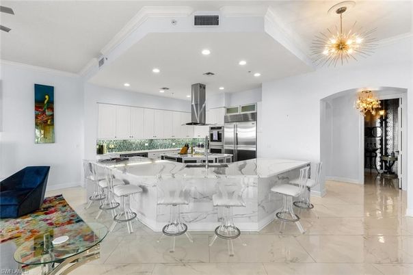 Interior, Kitchen, Marble, Pendant Lights, Recessed Lighting, Stainless Steel Appliances