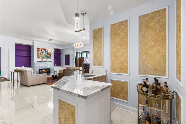 Fireplace, Interior, Kitchen, Living room, Marble, Pendant Lights