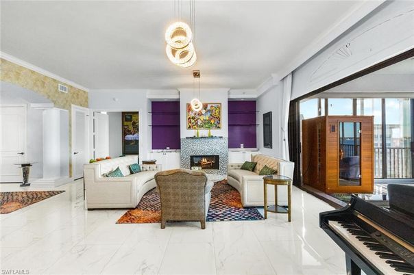 Fireplace, Interior, Living room, Marble, Pendant Lights, Piano