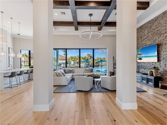 Interior, Living room, Pendant Lights, Recessed Lighting, Stone Walls, Wooden Beams, Wood Texture Flooring