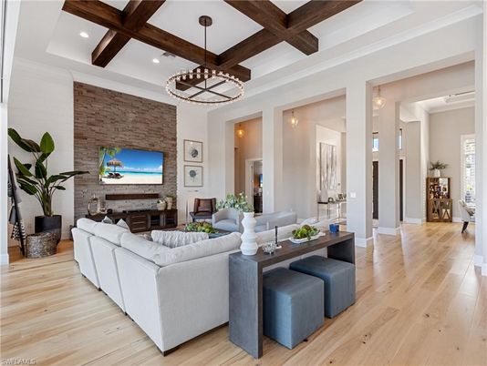 Interior, Living room, Pendant Lights, Recessed Lighting, Stone Walls, Wooden Beams, Wood Texture Flooring