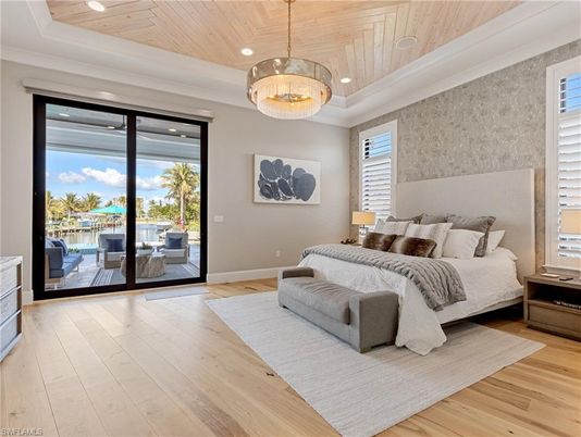 Bedroom, Chandelier, Interior, Pendant Lights, Recessed Lighting, Wooden Ceilings, Wood Texture Flooring