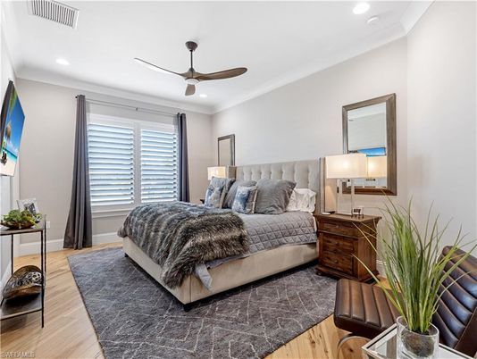 Bedroom, Interior, Recessed Lighting, Wood Texture Flooring