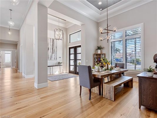 Dining room, Interior, Pendant Lights, Wood Texture Flooring
