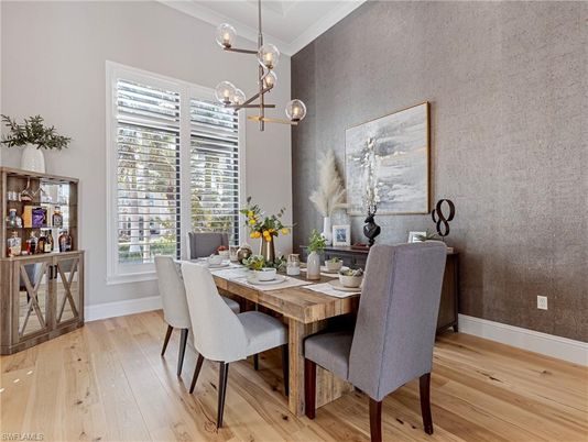 Dining room, Interior, Pendant Lights, Wood Texture Flooring