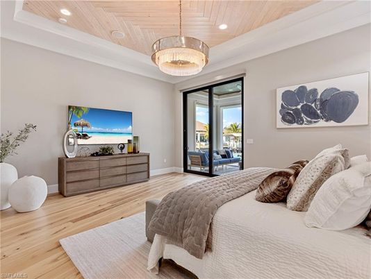Bedroom, Interior, Pendant Lights, Recessed Lighting, Wooden Ceilings, Wood Texture Flooring