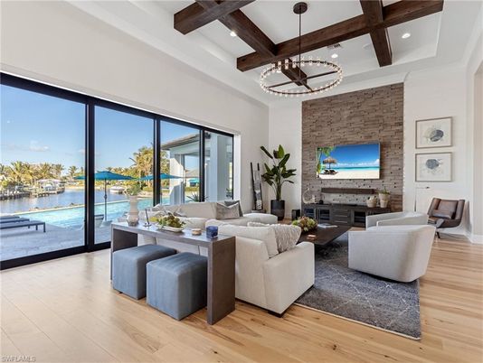 Interior, Living room, Pendant Lights, Recessed Lighting, Stone Walls, Water, Wooden Beams, Wood Texture Flooring