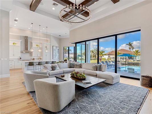 Interior, Kitchen, Living room, Pendant Lights, Recessed Lighting, Wooden Beams, Wood Texture Flooring