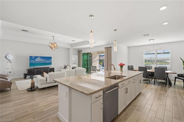 Chandelier, Dining room, Interior, Kitchen, Living room, Pendant Lights, Recessed Lighting, Wood Texture Flooring