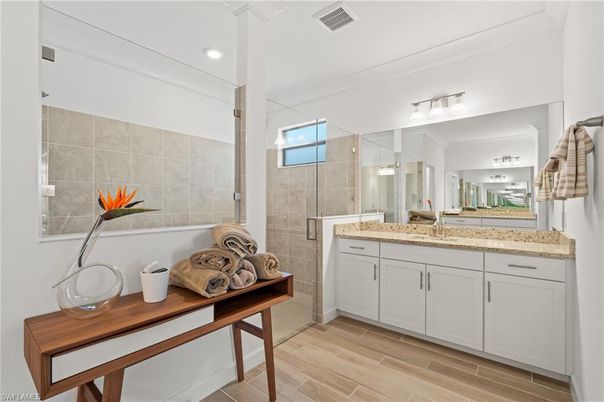 Bathroom, Glass Shower, Interior, Recessed Lighting, Wood Texture Flooring
