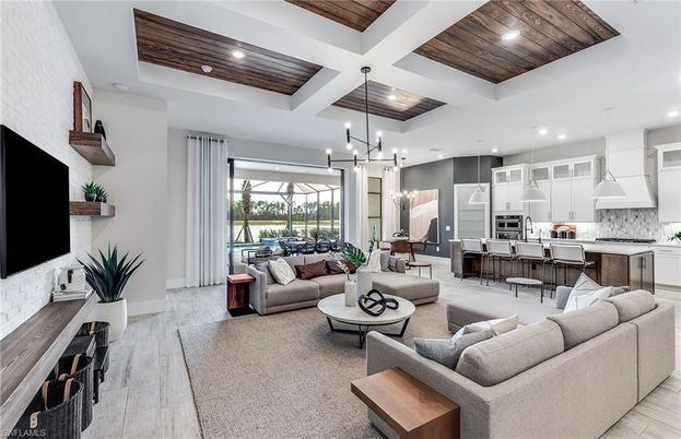 Interior, Kitchen, Living room, Pendant Lights, Recessed Lighting, Stainless Steel Appliances, Wooden Ceilings, Wood Texture Flooring