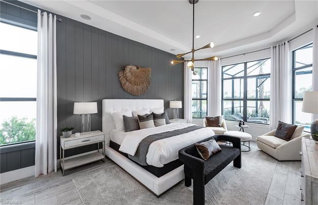 Bedroom, Interior, Pendant Lights, Recessed Lighting, Wood Texture Flooring