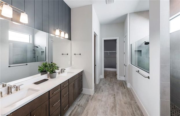 Bathroom, Dual Sink Vanities, Interior, Pendant Lights, Wood Texture Flooring