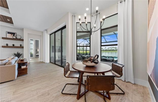 Dining room, Interior, Pendant Lights, Recessed Lighting, Wood Texture Flooring