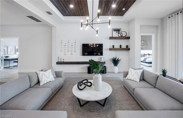 Interior, Living room, Pendant Lights, Recessed Lighting, Stone Walls, Wooden Ceilings