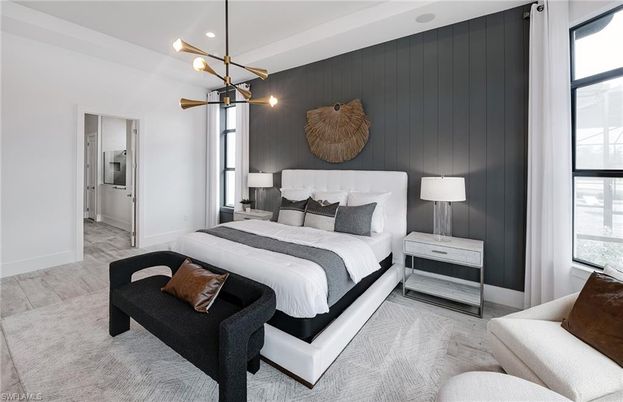 Bedroom, Interior, Pendant Lights, Recessed Lighting, Wood Texture Flooring