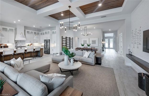Dining room, Interior, Kitchen, Living room, Pendant Lights, Recessed Lighting, Stainless Steel Appliances, Wooden Ceilings, Wood Texture Flooring
