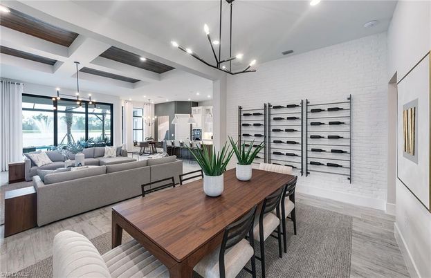 Dining room, Interior, Kitchen, Living room, Pendant Lights, Recessed Lighting, Stone Walls, Wood Texture Flooring
