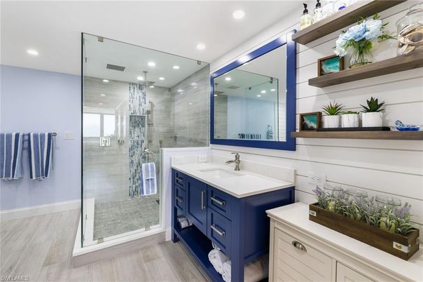 Bathroom, Glass Shower, Interior, Recessed Lighting, Wood Texture Flooring