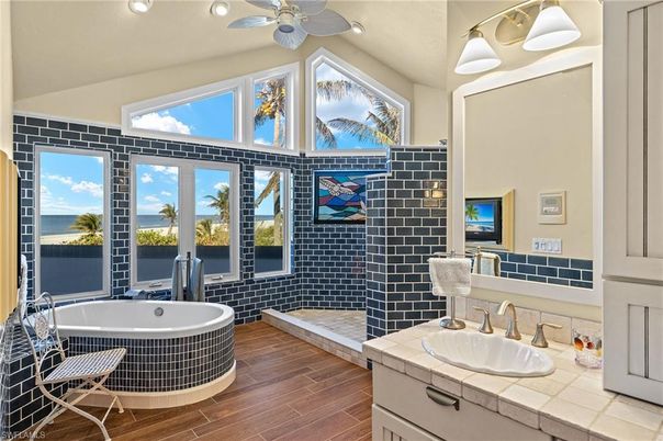 Bathroom, Interior, Recessed Lighting, Tile Countertops, Wood Texture Flooring