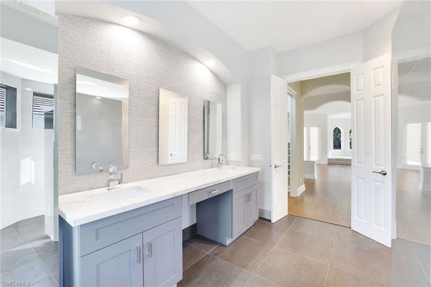 Bathroom, Dual Sink Vanities, Interior, Recessed Lighting, Wood Texture Flooring