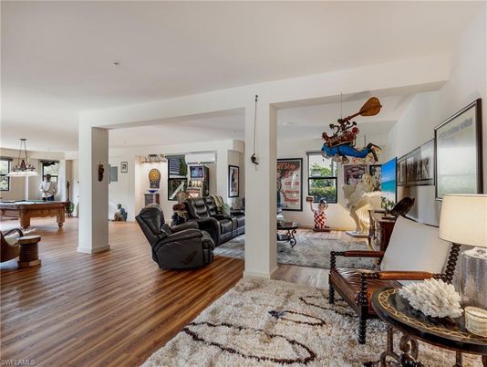 Billiard Table, Game Room, Interior, Living room, Pendant Lights, Wood Texture Flooring