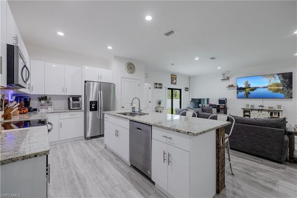 Interior, Kitchen, Living room, Recessed Lighting, Stainless Steel Appliances, Wood Texture Flooring