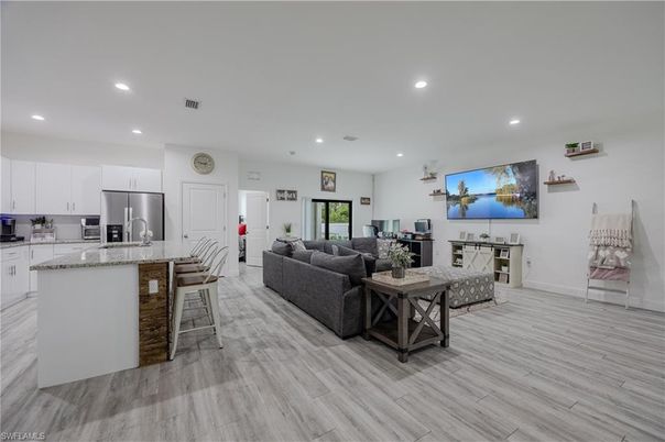 Interior, Kitchen, Living room, Recessed Lighting, Stainless Steel Appliances, Wood Texture Flooring