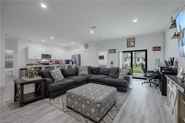 Interior, Kitchen, Living room, Recessed Lighting, Stainless Steel Appliances, Wood Texture Flooring