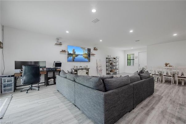 Home Office, Interior, Living room, Recessed Lighting, Wood Texture Flooring