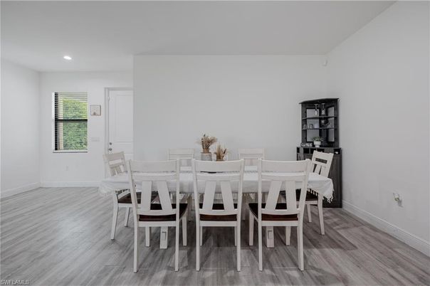 Dining room, Interior, Recessed Lighting, Wood Texture Flooring
