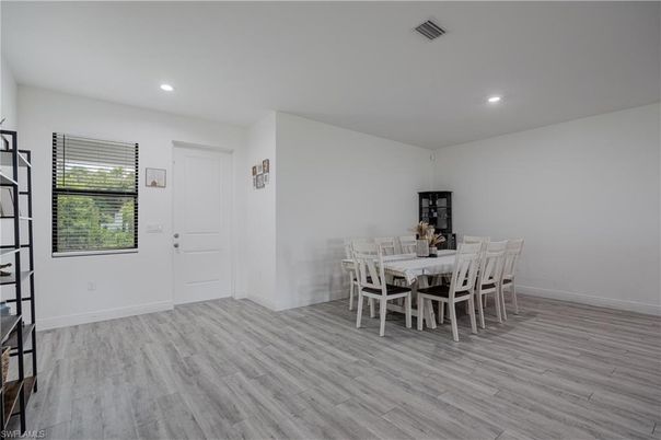 Dining room, Interior, Recessed Lighting, Wood Texture Flooring
