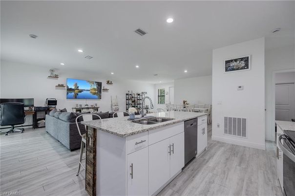 Dining room, Interior, Kitchen, Living room, Recessed Lighting, Wood Texture Flooring
