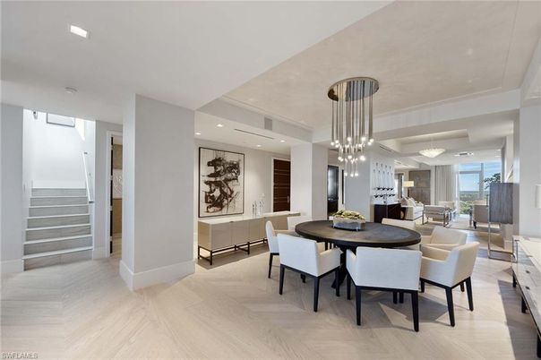 Dining room, Interior, Pendant Lights, Recessed Lighting, Wood Texture Flooring