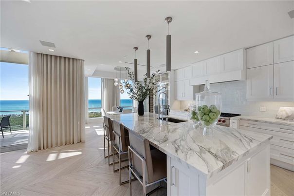 Interior, Kitchen, Pendant Lights, Recessed Lighting, Stainless Steel Appliances, Water, Wood Texture Flooring