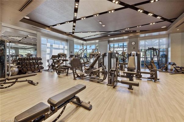 Fitness Equipment, Gym, Interior, Recessed Lighting, Wood Texture Flooring