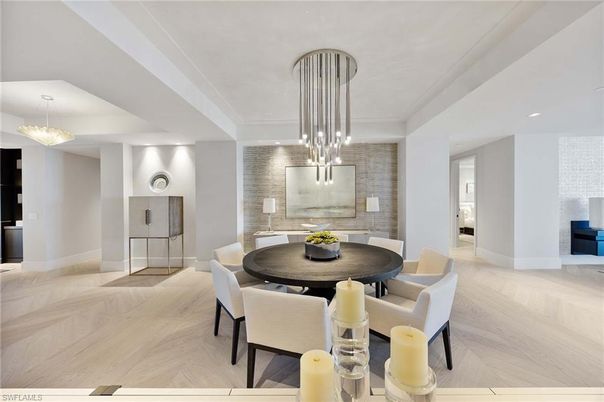 Dining room, Interior, Pendant Lights, Recessed Lighting, Wood Texture Flooring