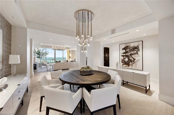 Dining room, Interior, Living room, Pendant Lights, Recessed Lighting, Water, Wood Texture Flooring
