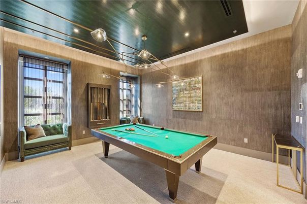Billiard Table, Game Room, Interior, Pendant Lights, Wooden Walls