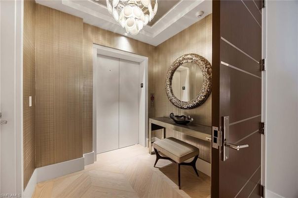 Chandelier, Elevator, Interior, Wood Texture Flooring, Wooden Walls