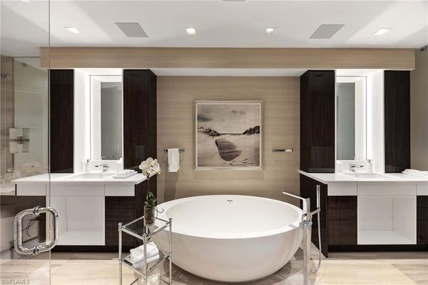 Bathroom, Dual Sink Vanities, Free Standing Baths, Glass Shower, Interior, Recessed Lighting, Wood Texture Flooring