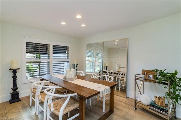 Dining room, Interior, Recessed Lighting, Wood Texture Flooring