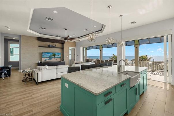 Interior, Kitchen, Living room, Pendant Lights, Recessed Lighting, Water, Wood Texture Flooring