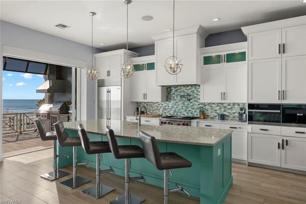 Interior, Kitchen, Pendant Lights, Recessed Lighting, Stainless Steel Appliances, Water, Wood Texture Flooring