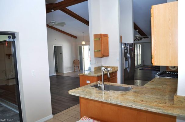 Interior, Kitchen, Pendant Lights, Wooden Beams, Wood Texture Flooring