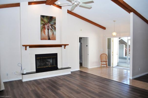 Empty room, Fireplace, Interior, Pendant Lights, Wooden Beams, Wood Texture Flooring