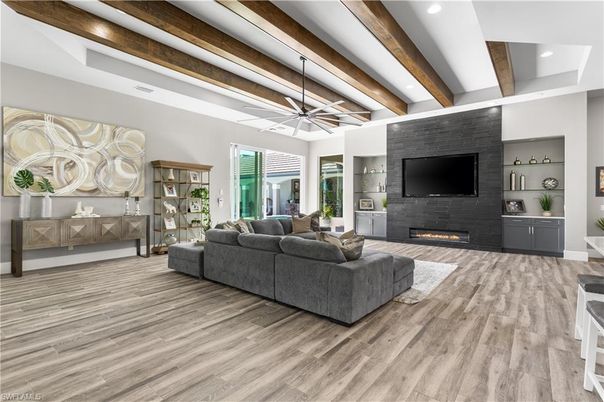 Fireplace, Interior, Living room, Recessed Lighting, Stone Walls, Wooden Beams, Wood Texture Flooring