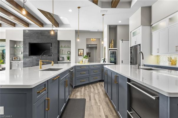 Interior, Kitchen, Pendant Lights, Recessed Lighting, Stainless Steel Appliances, Wooden Beams, Wood Texture Flooring