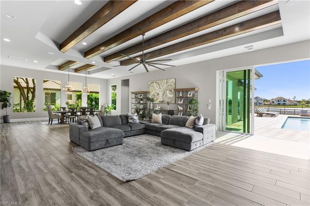 Dining room, Interior, Living room, Pendant Lights, Recessed Lighting, Wooden Beams, Wood Texture Flooring