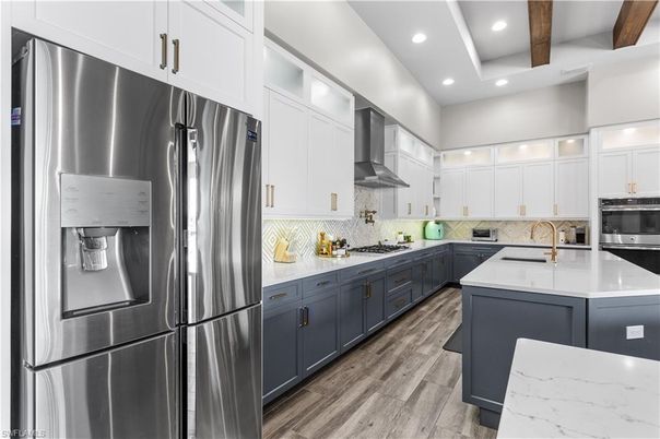 Interior, Kitchen, Recessed Lighting, Stainless Steel Appliances, Wooden Beams, Wood Texture Flooring